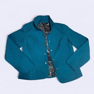 Briggs blue quilted button-up jacket with paisley lining, size 4P Petite